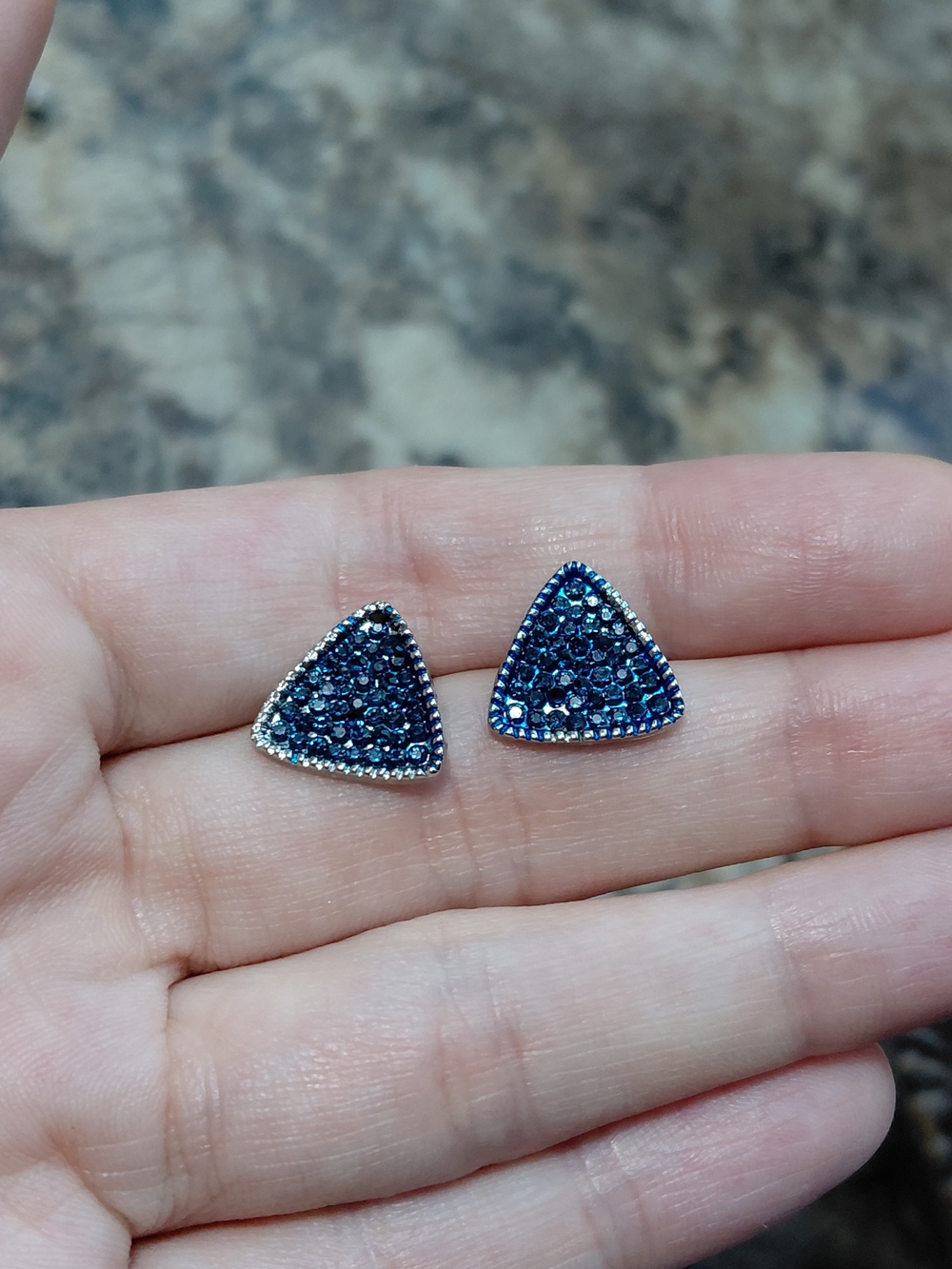 Sparkly Blue Rhinestone Crystal Triangle 925 Silver Post Stud Earrings